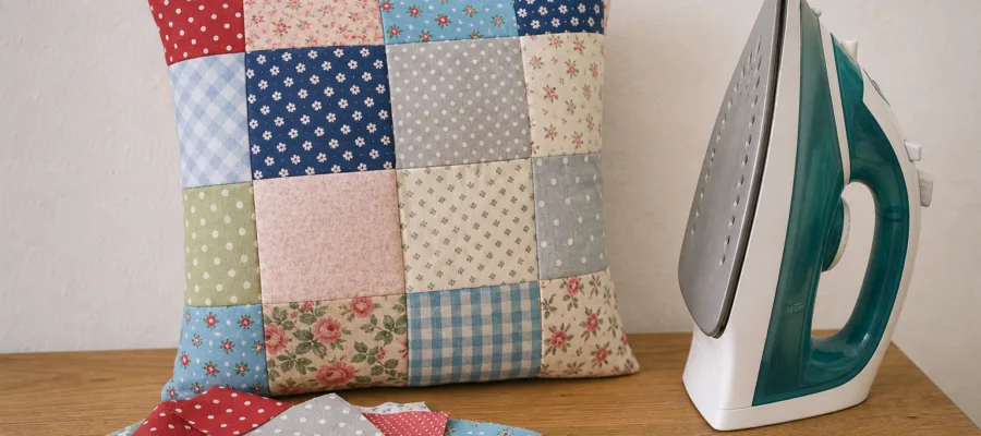 Buegeleisen: Patchwork-Kissen aus Stoffresten ohne Naehmaschine