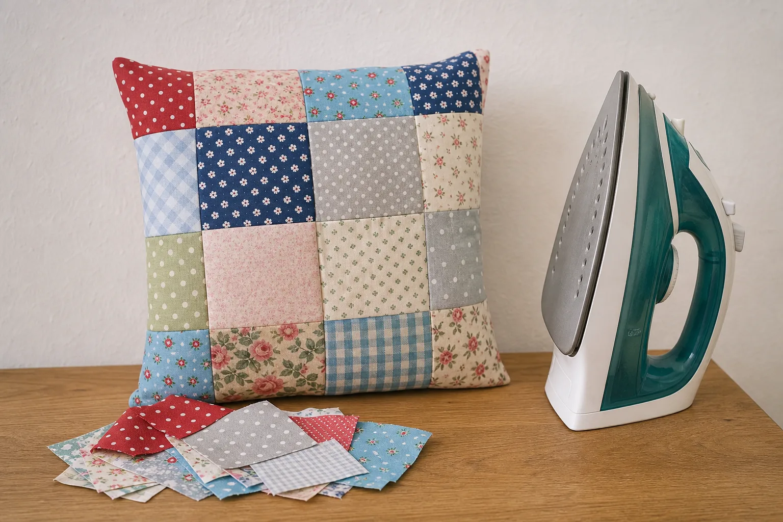 Buegeleisen: Patchwork-Kissen aus Stoffresten ohne Naehmaschine